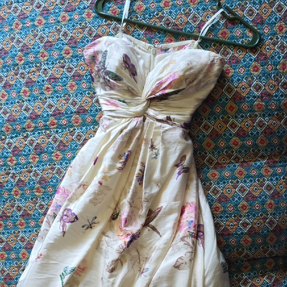 Strapless Ivory Floral Twist-Front Dress